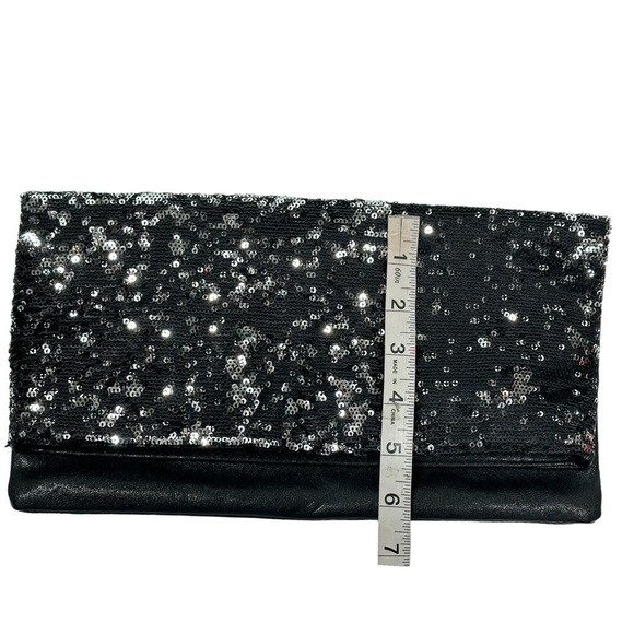 BCBGeneration Black Leather Silver Sequin Foldover Evening Clutch Zipper - Picture 5 of 9